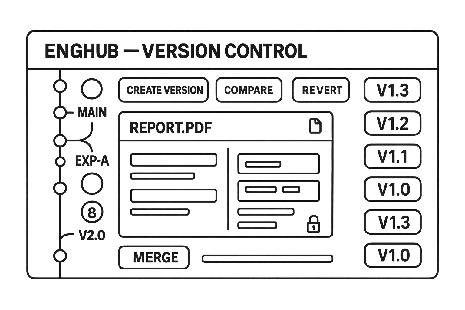 Version control UI with branches (main, exp-A, v2.0), file compare for Report.pdf, and one-click revert.
